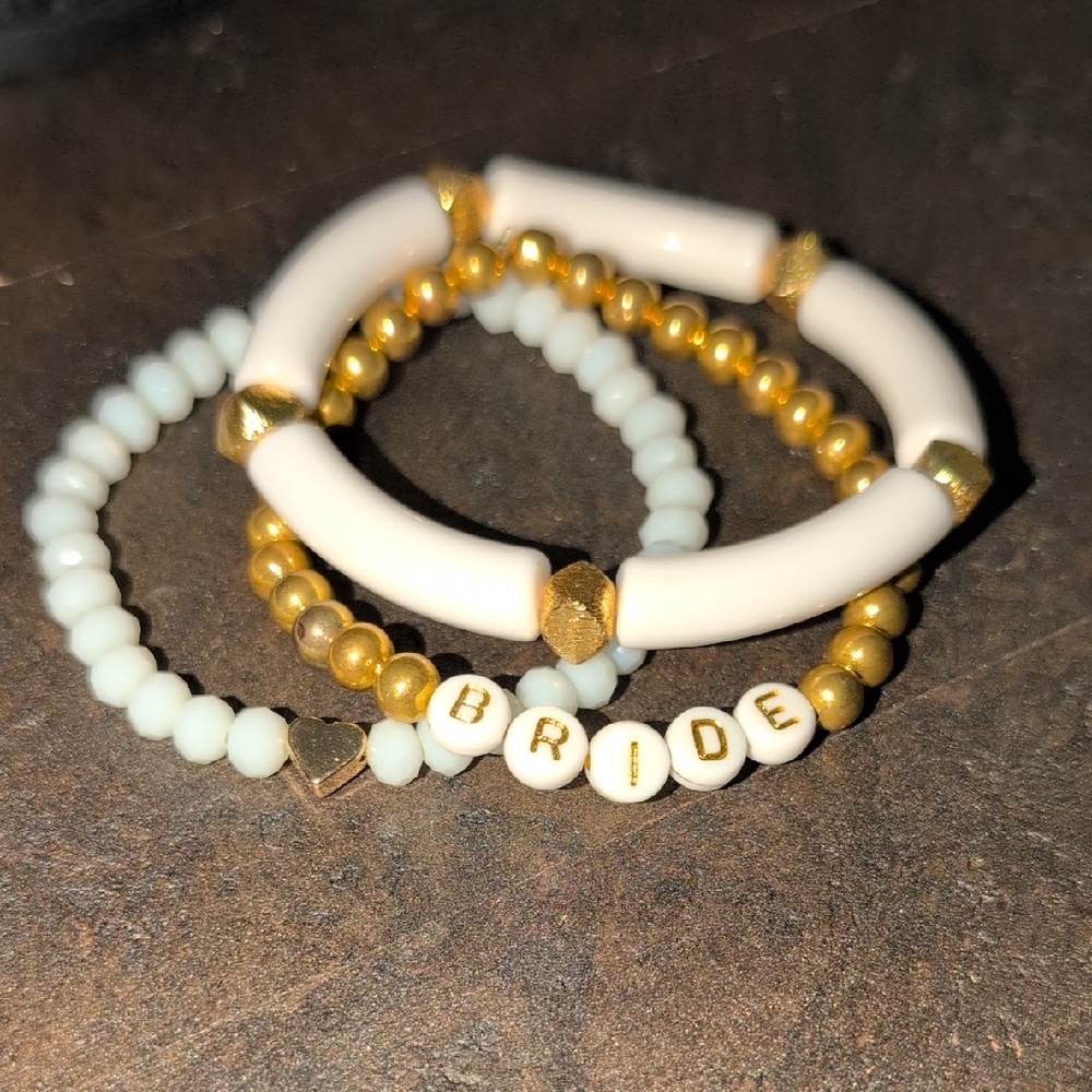Gold and White Beaded Bride Bracelet Set